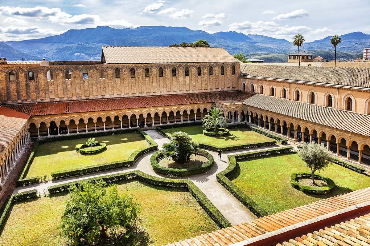 MONREALE, SICILY, ITALY - SEPTEMBER 28, 2018: Cloister of Roman Catholic Cathedral of Monreale (or Duomo di Monreale, 1267) near Palermo; one of the greatest extant examples of Norman architecture.; 
Cattedrale di Monreale

Shutterstock ID 1421721263; your: Bridget Brown; gl: 65050; netsuite: Online Editorial; full: POI Image Update